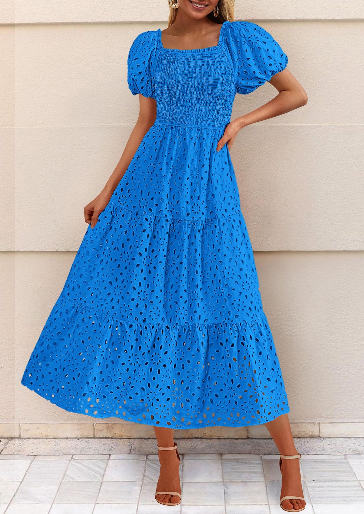 Summer Dresses for Women 2025 Eyelet Square Neck Puff Sleeve Smocked Wedding Guest Maxi Dress with Pockets