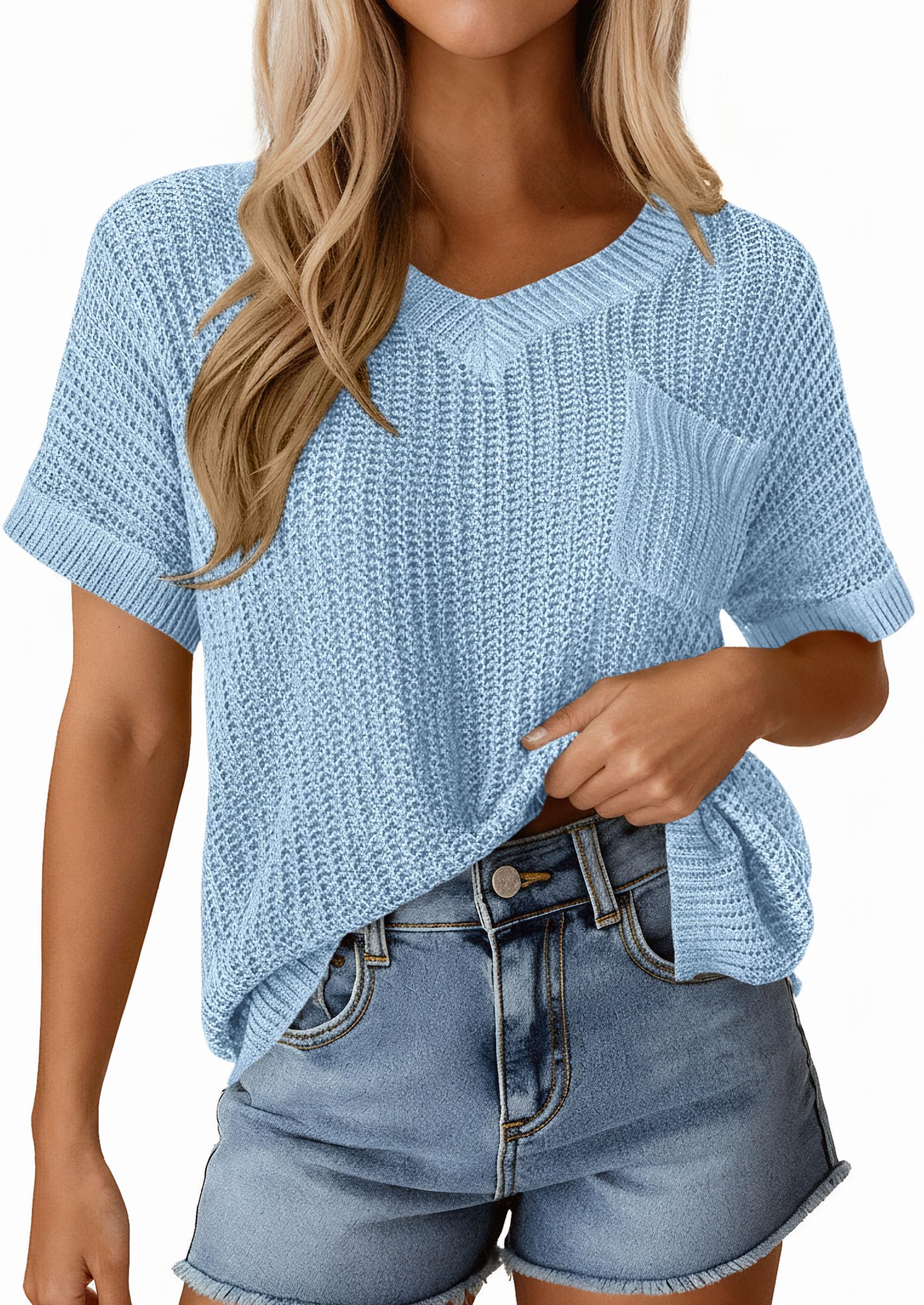 PRETTYGARDEN Women's Spring Short Sleeve Sweaters Lightweight V Neck Casual Going Out Summer T PRETTYGARDEN