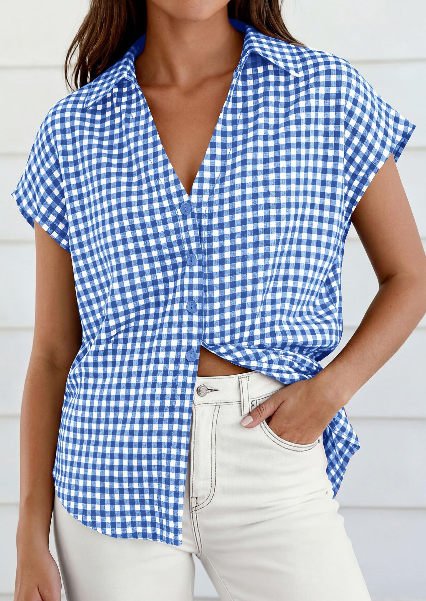 PRETTYGARDEN Womens Button Dwon Shirts V Neck Short Cap Sleeve Collared Plaid Tops Summer Spring Casual Blouses Clothes PRETTYGARDEN