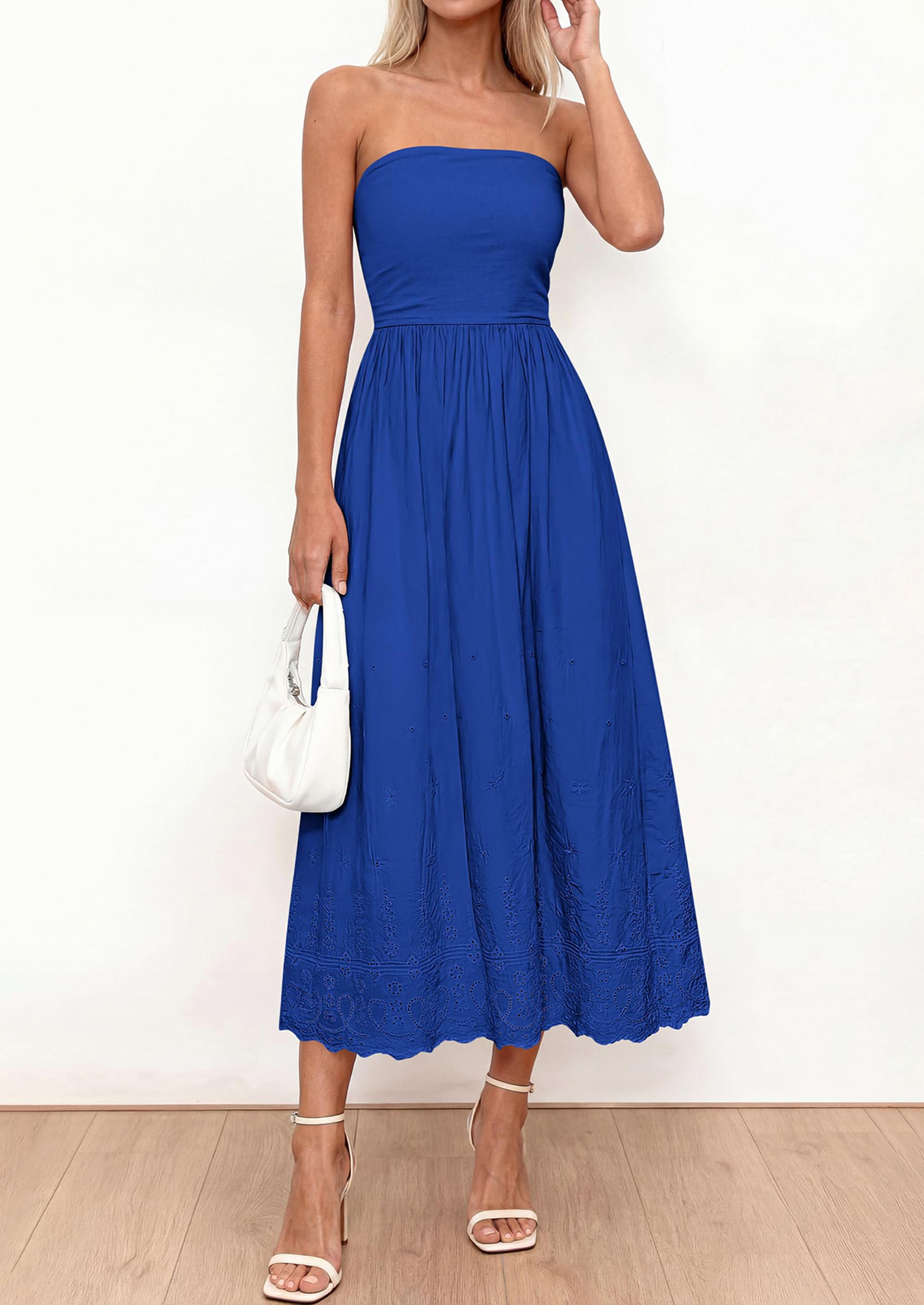 PRETTYGARDEN Womens Summer Dresses Sexy Sleeveless Tube Top Long Dress Eyelet Cotton Maxi Beach Sundress Pockets