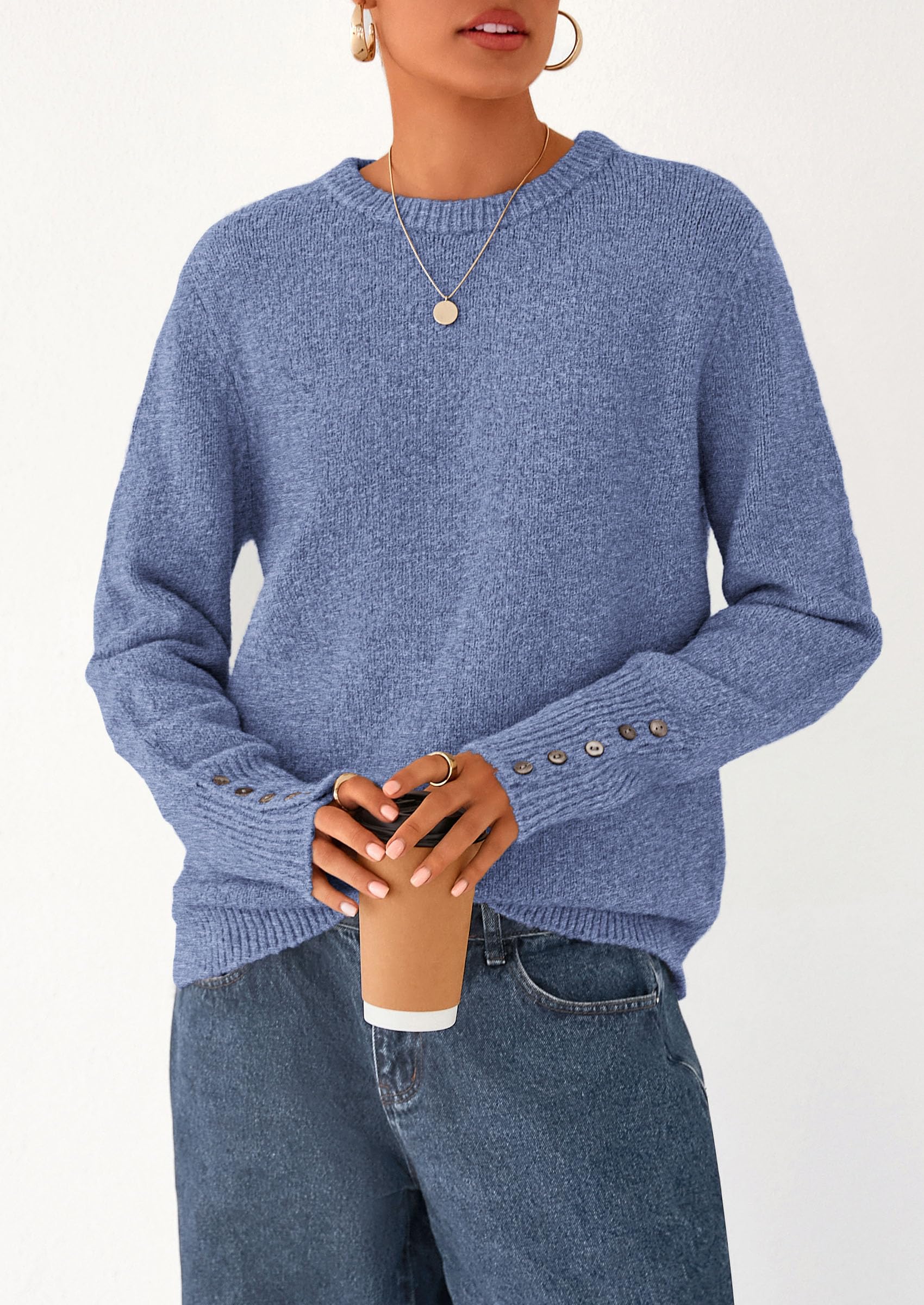 PRETTYGARDEN Womens Sweaters Fall Fashion Casual Crewneck Pullover Button Long Sleeve Cute Knit Tops Winter Clothes