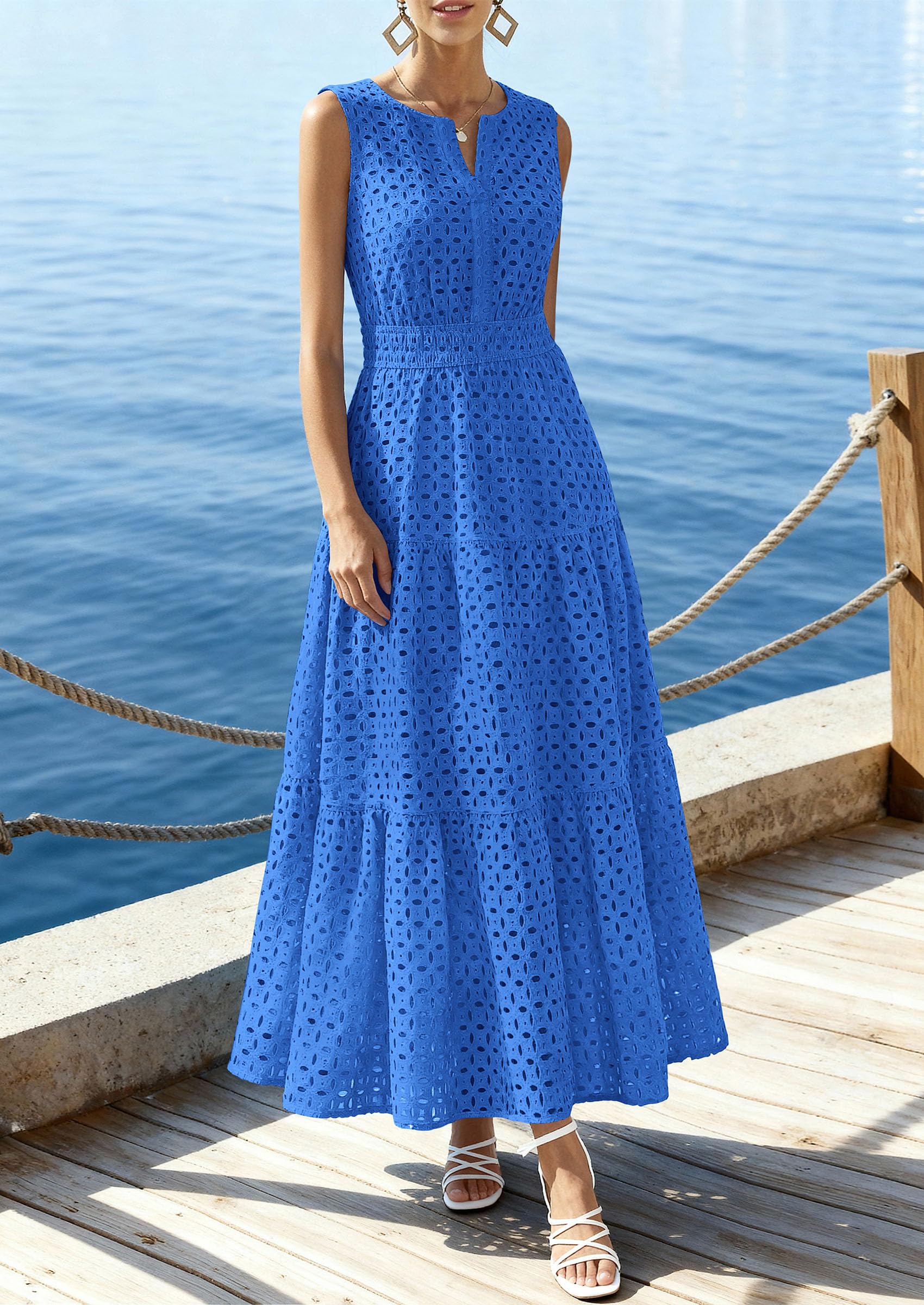 PRETTYGARDEN Summer Dresses for Women Sundresses Sleeveless V Neck Eyelet A Line Flowy Beach Vacation Spring Maxi Dress PRETTYGARDEN