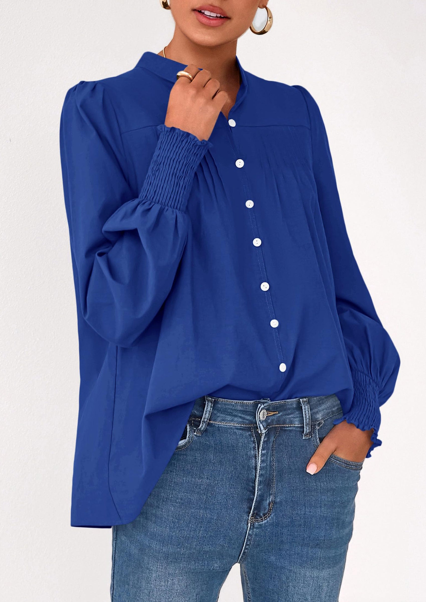 PRETTYGARDEN Womens Fall Lantern Long Sleeve Shirts Trendy Button V Neck Pleated Henley Tops Loose Work Blouses