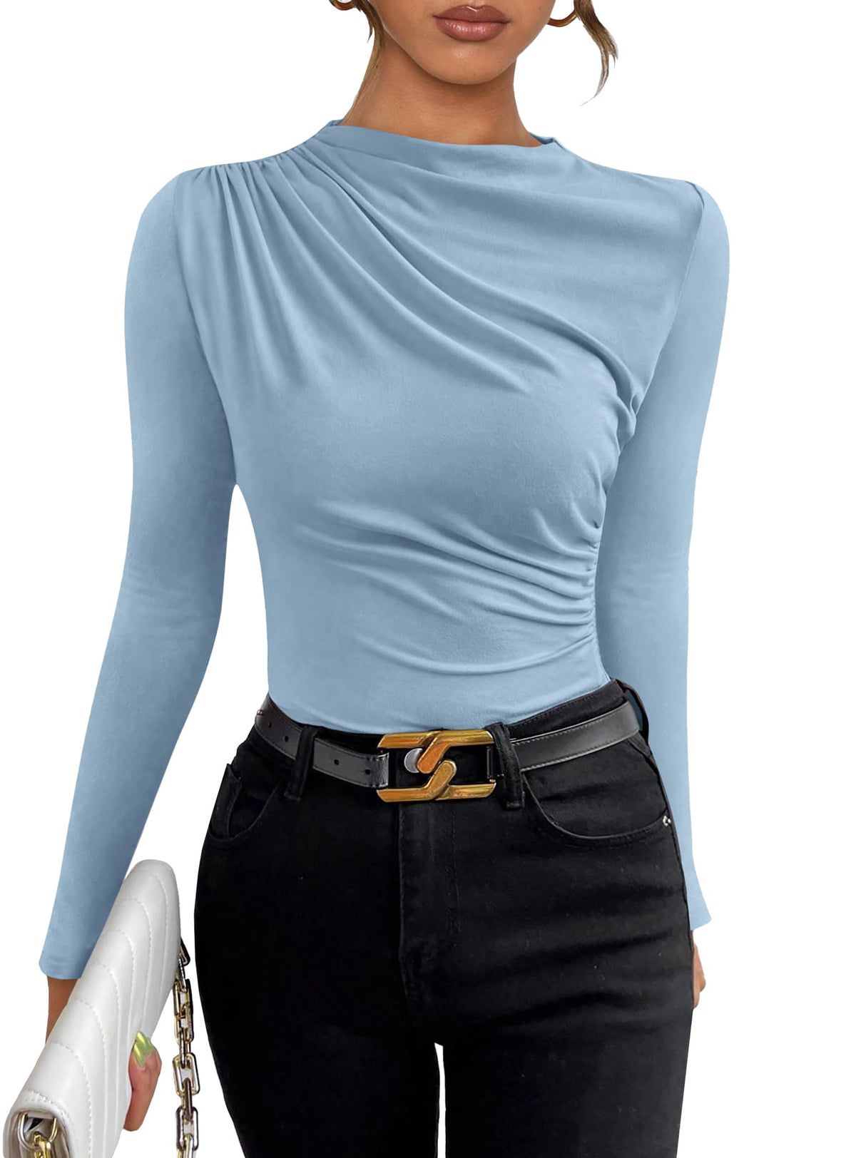 Womens Y2K Going Out Crop Tops Long Sleeve Mock Neck Ruched Slim Fitted Basic Trendy Casual Blouse