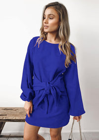 PRETTYGARDEN Womens Fall Elegant Long Lantern Sleeve Short Dress Wedding Guest Crewneck Tie Waist Knit Cocktail Dresses PRETTYGARDEN