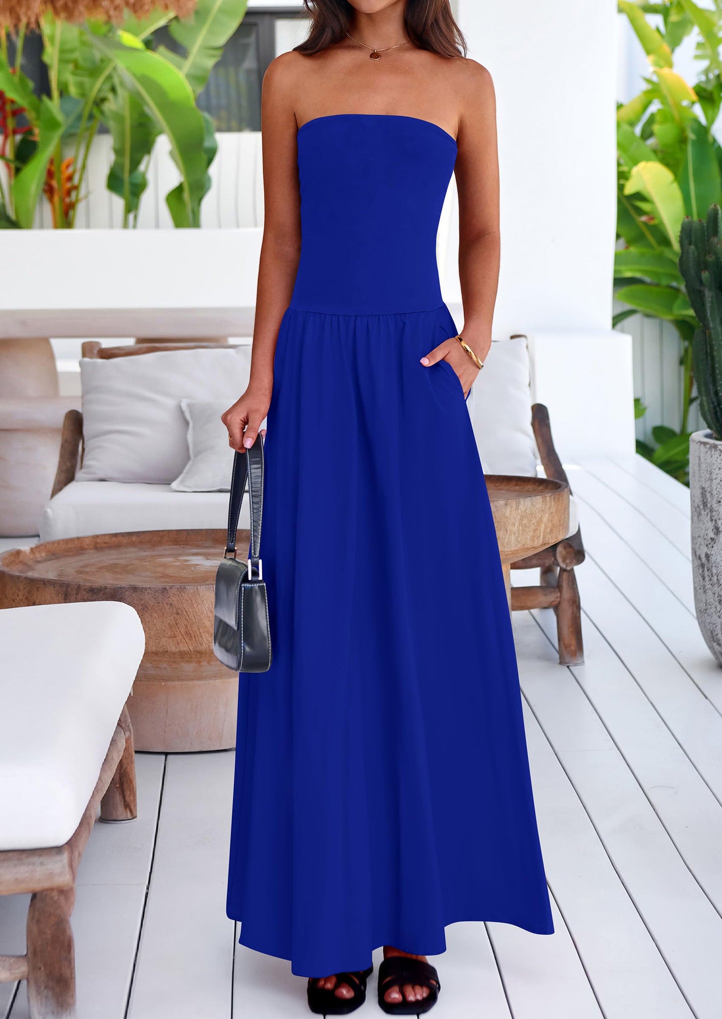 Women's 2025 Summer Strapless Maxi Dresses Patchwork Long Flowy Elegant Going Out Tube Top Dress with Pockets