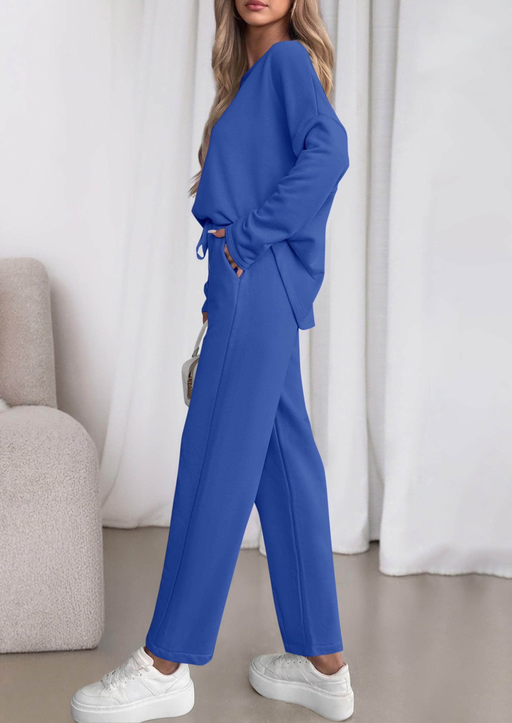 PRETTYGARDEN Womens 2 Piece Matching Lounge Sets Fall Long Sleeve Boatneck Sweatsuit Drawstring Sweatpants Pockets