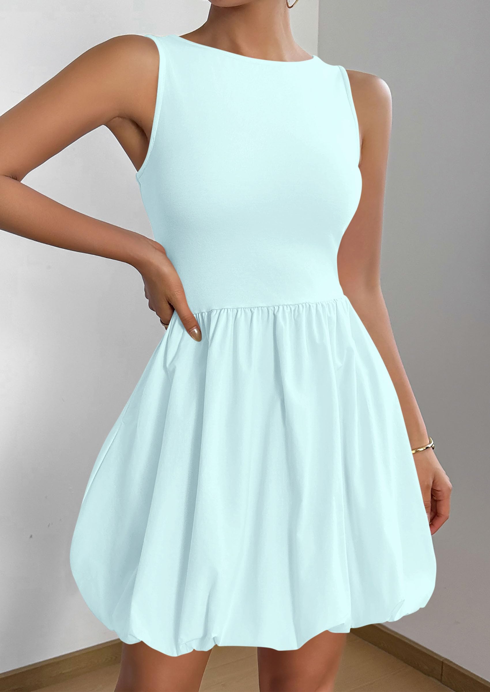 PRETTYGARDEN Summer Dresses for Women Casual Sleeveless Tank Mini Short Dress Crew Neck Bubble Sundress with Pockets