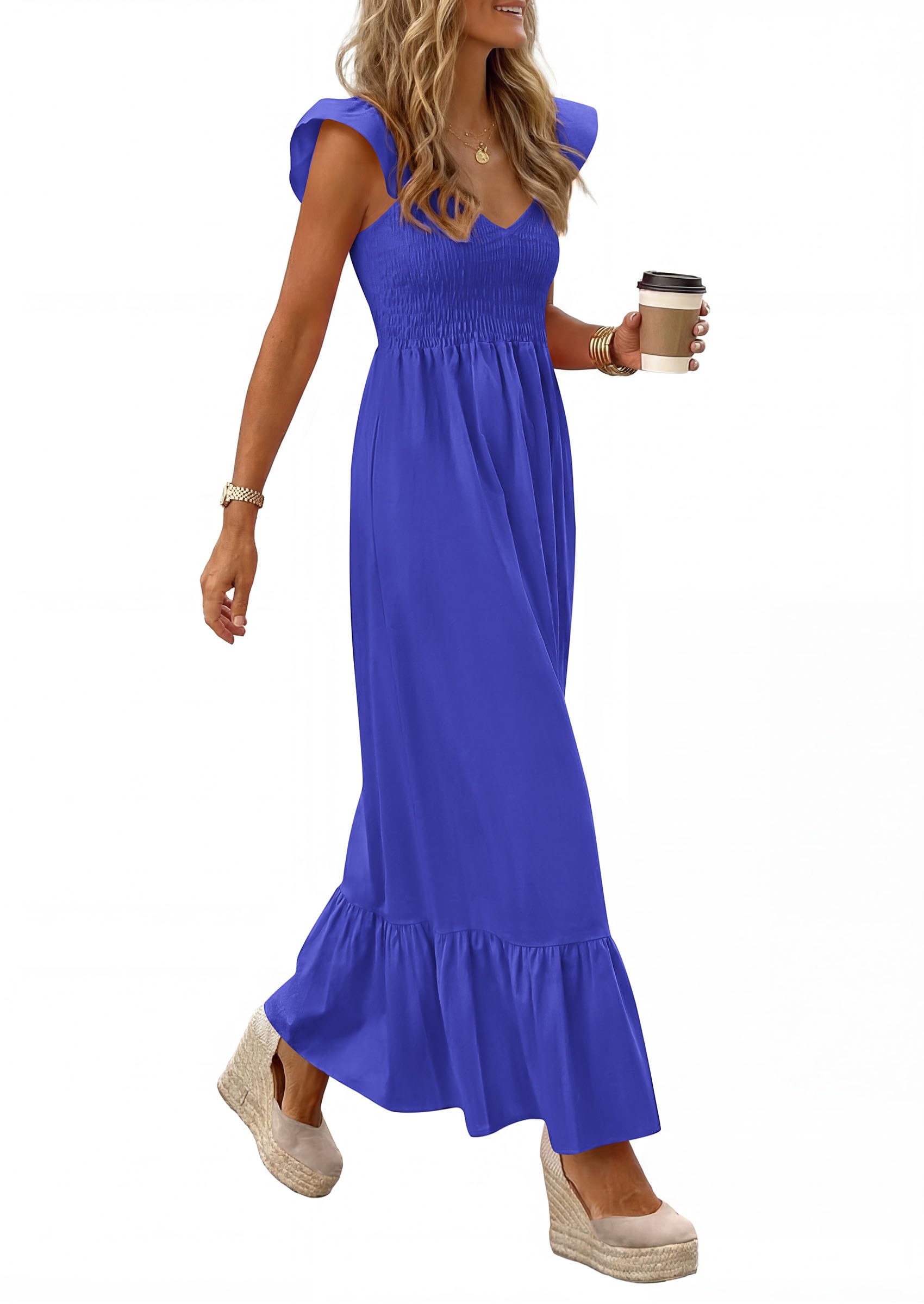 PRETTYGARDEN Women's Summer Casual Maxi Dresses Cap Sleeve V Neck Smocked Long Pockets Party Sundress Vacation Outfits PRETTYGARDEN