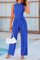 Summer One Piece Sleeveless Mock Neck Wide Leg Pants Rompers With Pockets