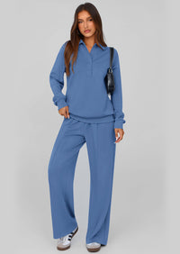 PRETTYGARDEN Women Fall 2 Piece Outfits Sweatsuits Quarter Button Long Sleeve Sweatshirt Wide Leg Pants Tracksuit Lounge Sets