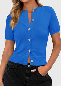 PRETTYGARDEN Womens Casual Summer Short Sleeve Cardigans Button Down Knitted Sweater Basic Crew Neck Crop Tops