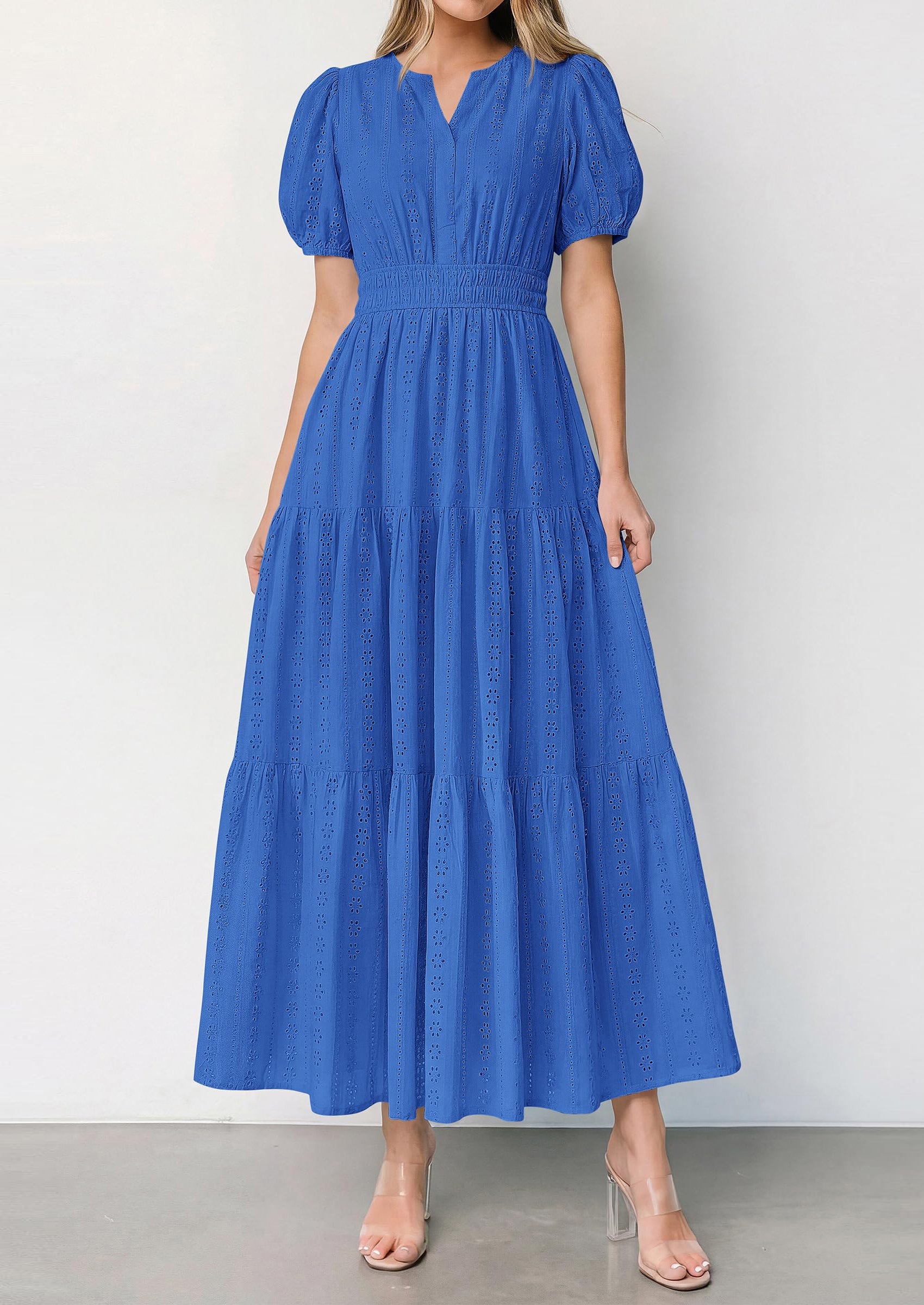 PRETTYGARDEN Womens Summer Maxi Dresses Casual Puff Sleeve V Neck Smocked Flowy Eyelet Cotton Dress Spring Sundress PRETTYGARDEN