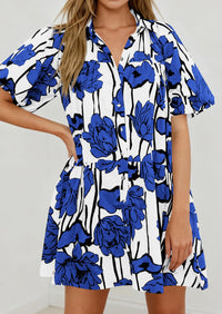 PRETTYGARDEN Womens Summer Dresses 2026 Casual Puff Sleeve Button Down Mini Shirt Dress Boho Floral Babydoll Sun Dress PRETTYGARDEN