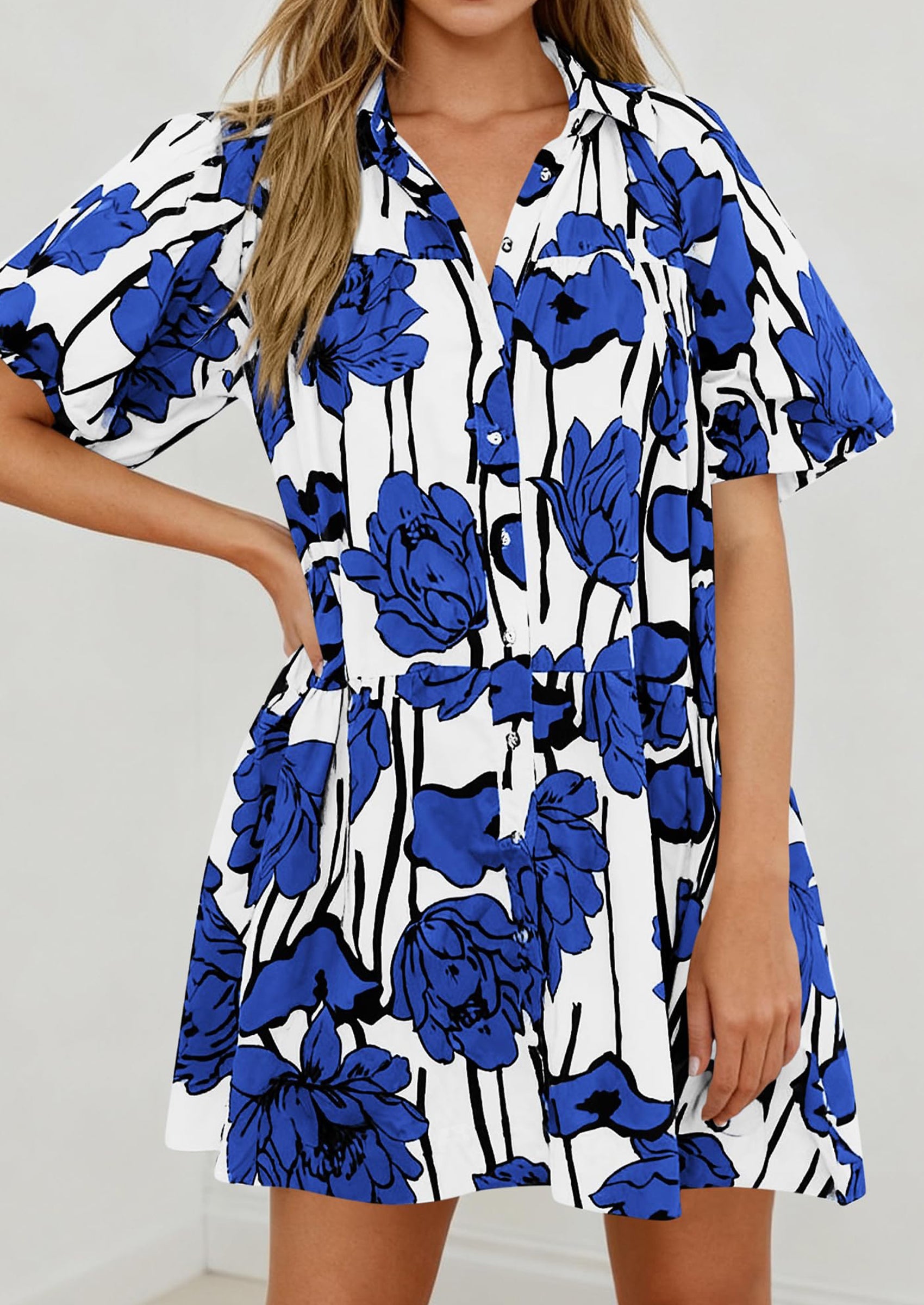 PRETTYGARDEN Womens Summer Dresses 2026 Casual Puff Sleeve Button Down Mini Shirt Dress Boho Floral Babydoll Sun Dress PRETTYGARDEN