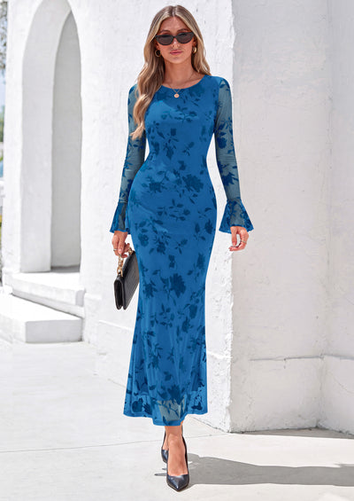 PRETTYGARDEN Women's Long Sleeve Maxi Floral Mesh Fall Wedding Guest Dress