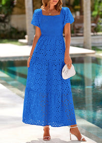 PRETTYGARDEN Dresses for Women Eyelet Square Neck Puff Sleeve Smocked Wedding Guest Maxi Dress with Pockets