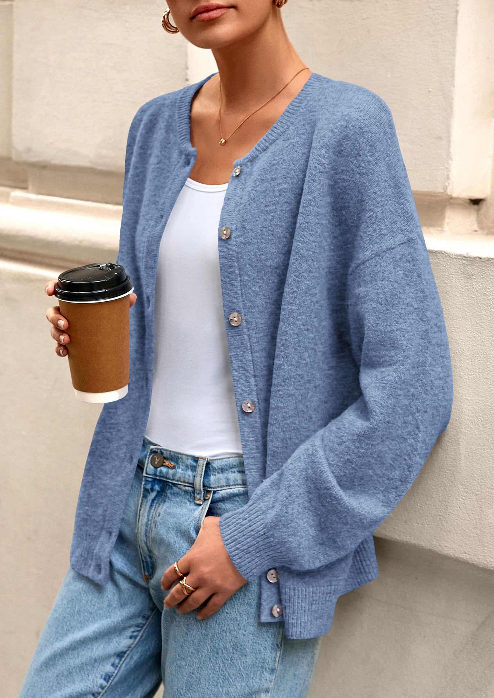 PRETTYGARDEN Fall Long Sleeve Cardigans for Women Trendy Open Front Winter Button Down Crewneck Soft Knit Sweater Jacket