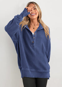 PRETTYGARDEN Womens Fashion Oversized Long Sleeve Hoodie Button Down V Neck Sweatshirt Side Slit Casual Pullover Tops