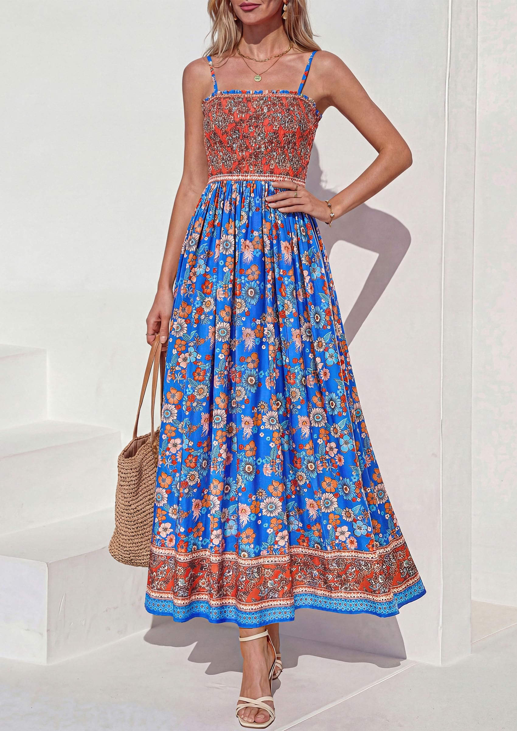 PRETTYGARDEN Womens Floral Maxi Dress Boho Casual Summer Spaghetti Strap Smocked Sleeveless Flowy Beach Vacation Dresses