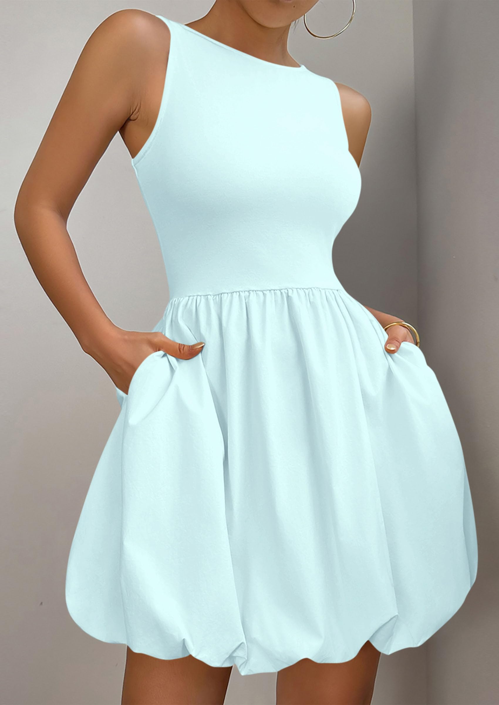 PRETTYGARDEN Summer Dresses for Women Casual Sleeveless Tank Mini Short Dress Crew Neck Bubble Sundress with Pockets