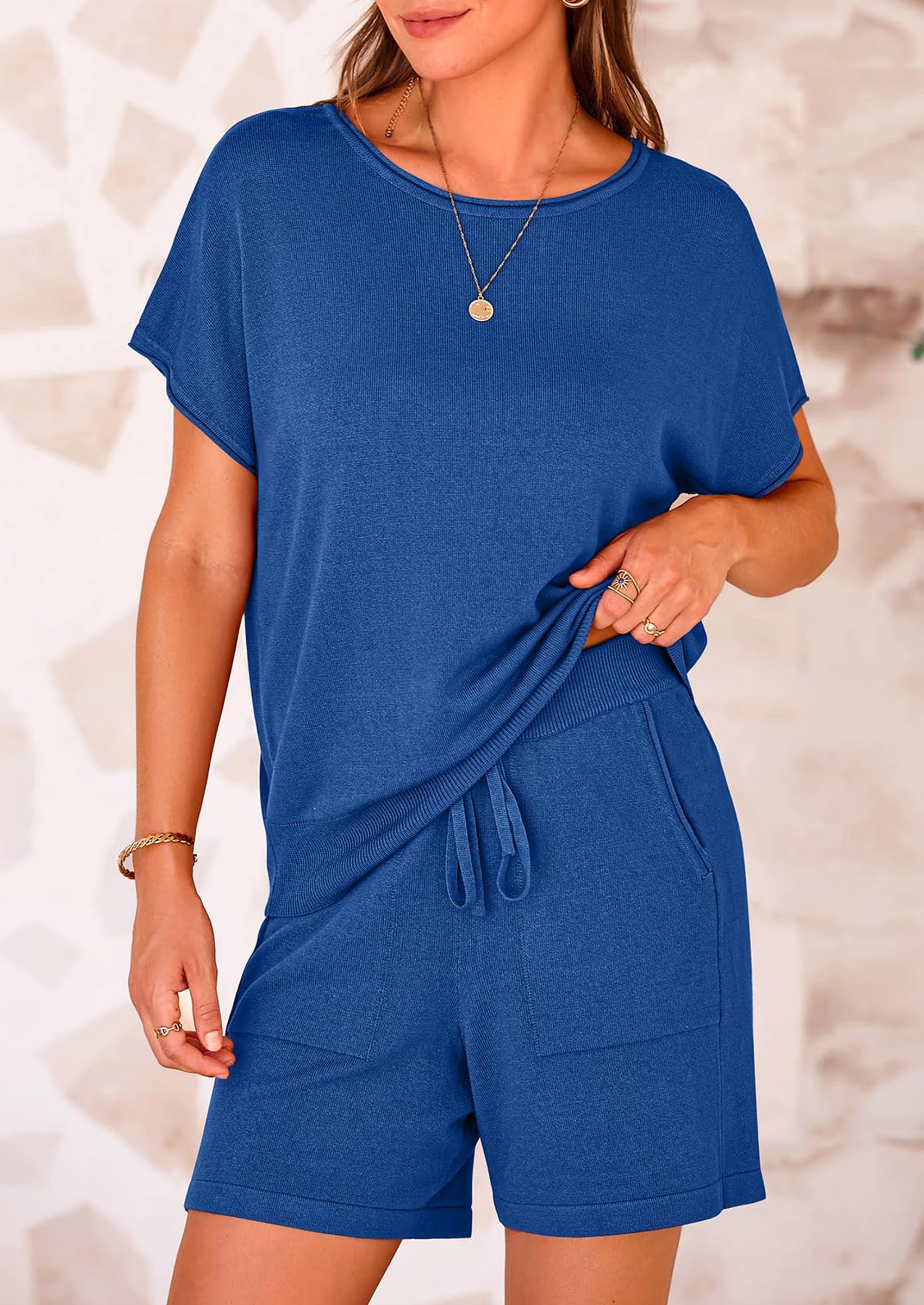 PRETTYGARDEN Two Piece Set for Women Summer Lounge Sets Shorts And Short Sleeve Tops Knitted Matching Travel Spring Outfits PRETTYGARDEN