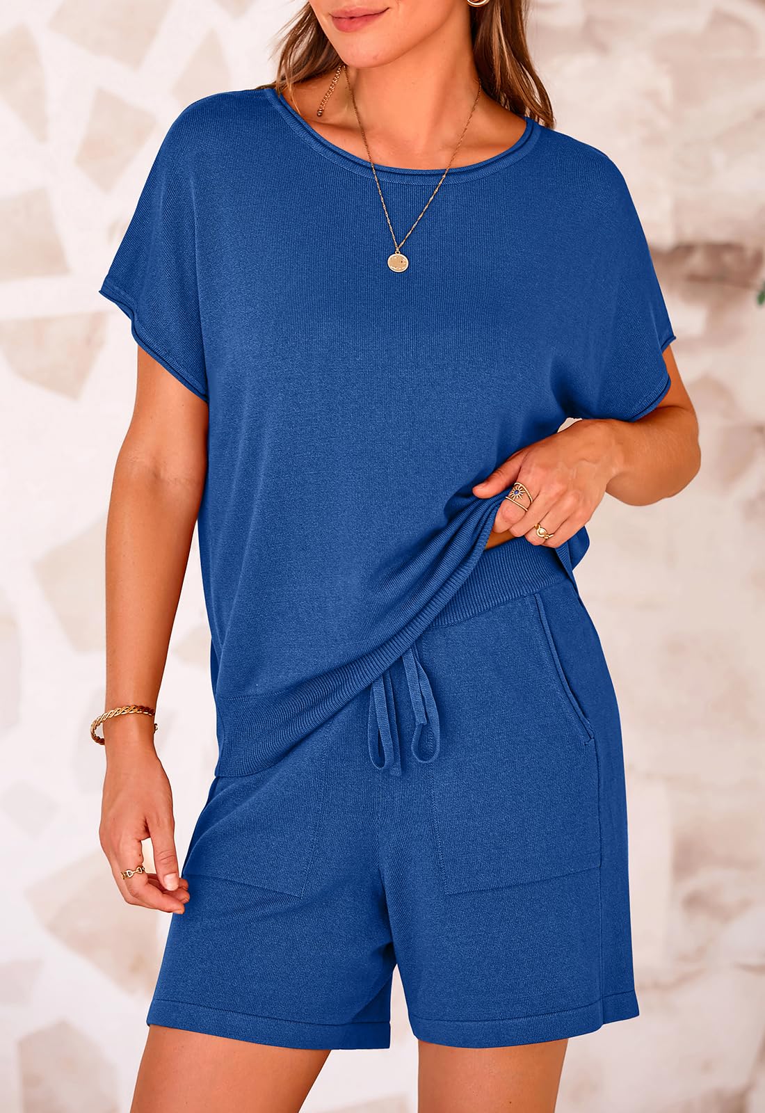 PRETTYGARDEN Two Piece Set for Women Summer Lounge Sets Shorts And Short Sleeve Tops Knitted Matching Travel Spring Outfits PRETTYGARDEN