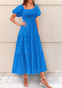 Summer Dresses for Women 2025 Eyelet Square Neck Puff Sleeve Smocked Wedding Guest Maxi Dress with Pockets