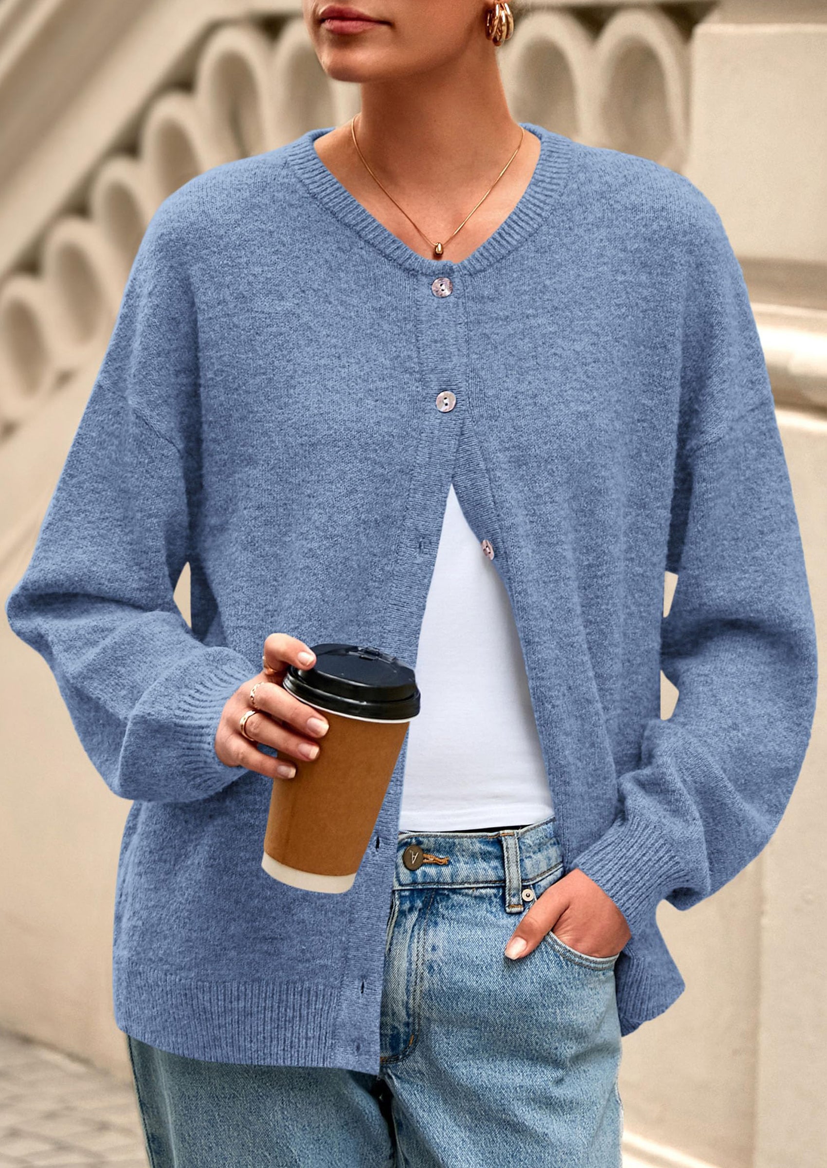 PRETTYGARDEN Fall Long Sleeve Cardigans for Women Trendy Open Front Winter Button Down Crewneck Soft Knit Sweater Jacket