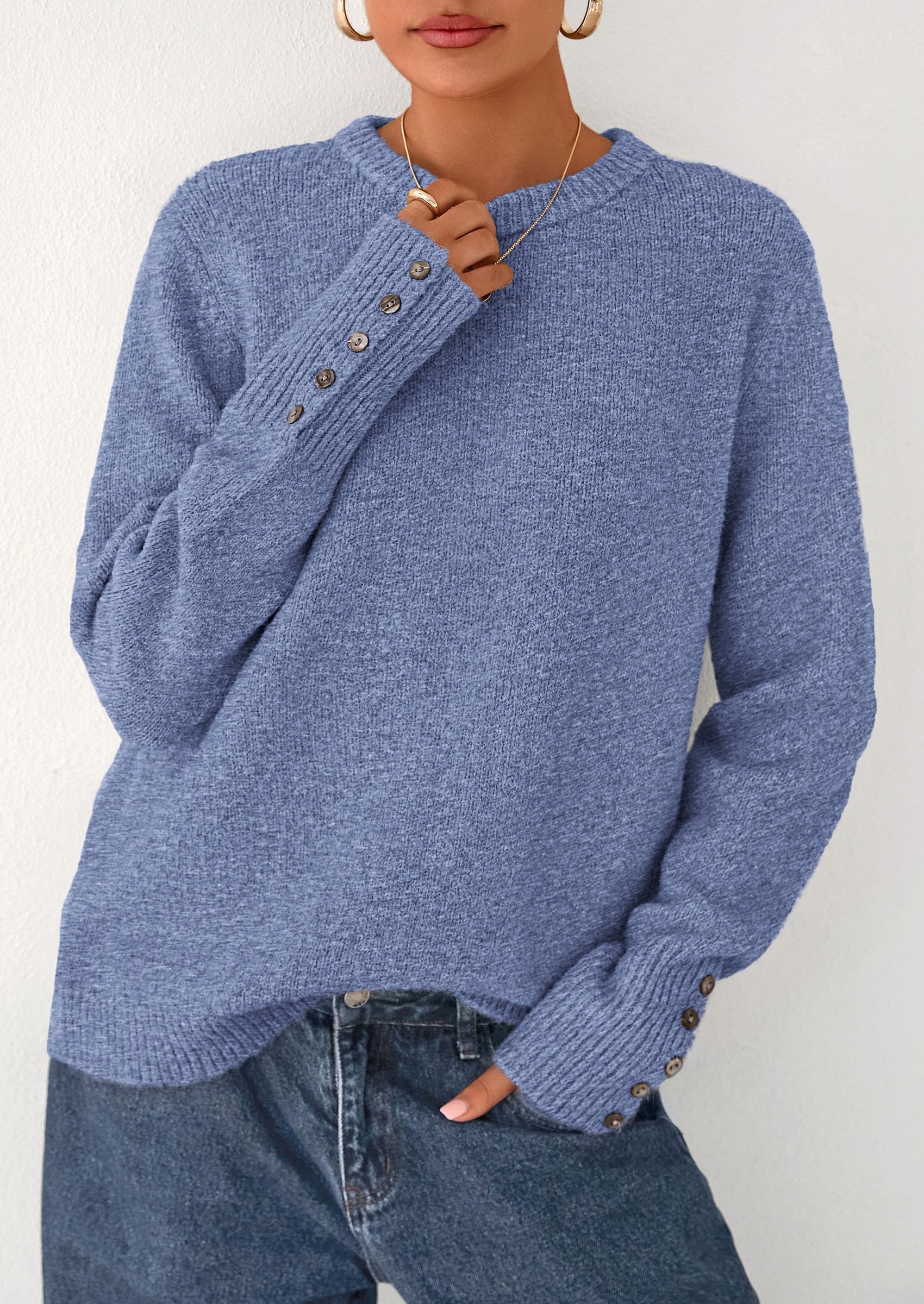 PRETTYGARDEN Womens Sweaters Fall Fashion Casual Crewneck Pullover Button Long Sleeve Cute Knit Tops Winter Clothes