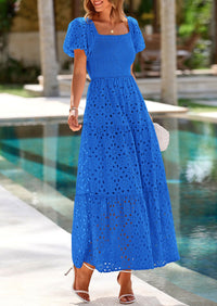 PRETTYGARDEN Dresses for Women Eyelet Square Neck Puff Sleeve Smocked Wedding Guest Maxi Dress with Pockets