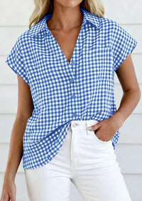 PRETTYGARDEN Womens Button Dwon Shirts V Neck Short Cap Sleeve Collared Plaid Tops Summer Spring Casual Blouses Clothes PRETTYGARDEN