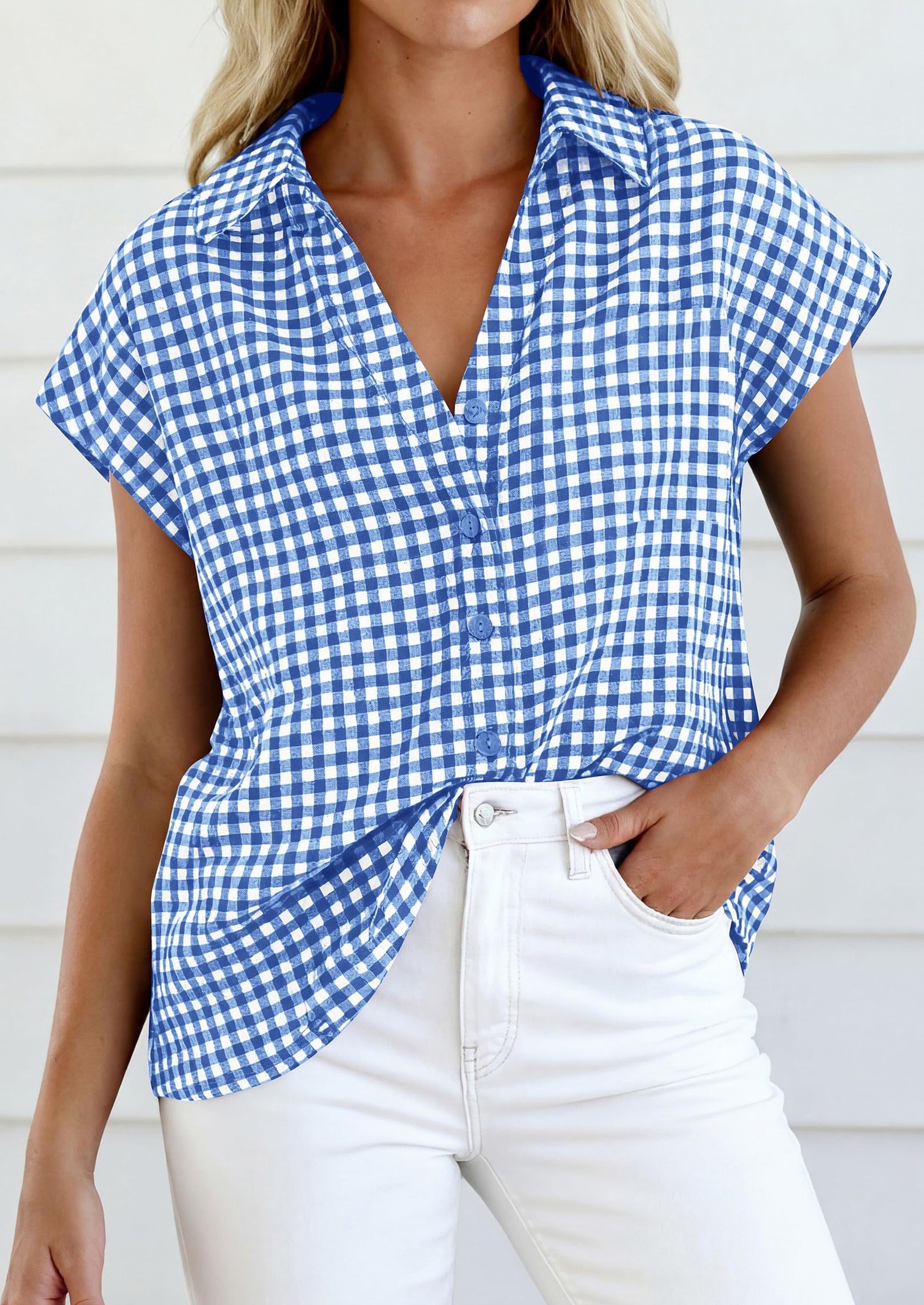 PRETTYGARDEN Womens Button Dwon Shirts V Neck Short Cap Sleeve Collared Plaid Tops Summer Spring Casual Blouses Clothes PRETTYGARDEN