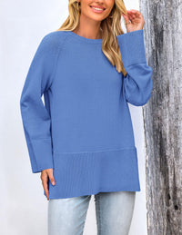 Women's Fall Knit Sweaters Long Sleeve Pullover Crewneck Split Hem Loose Oversized Tunic Sweater Top