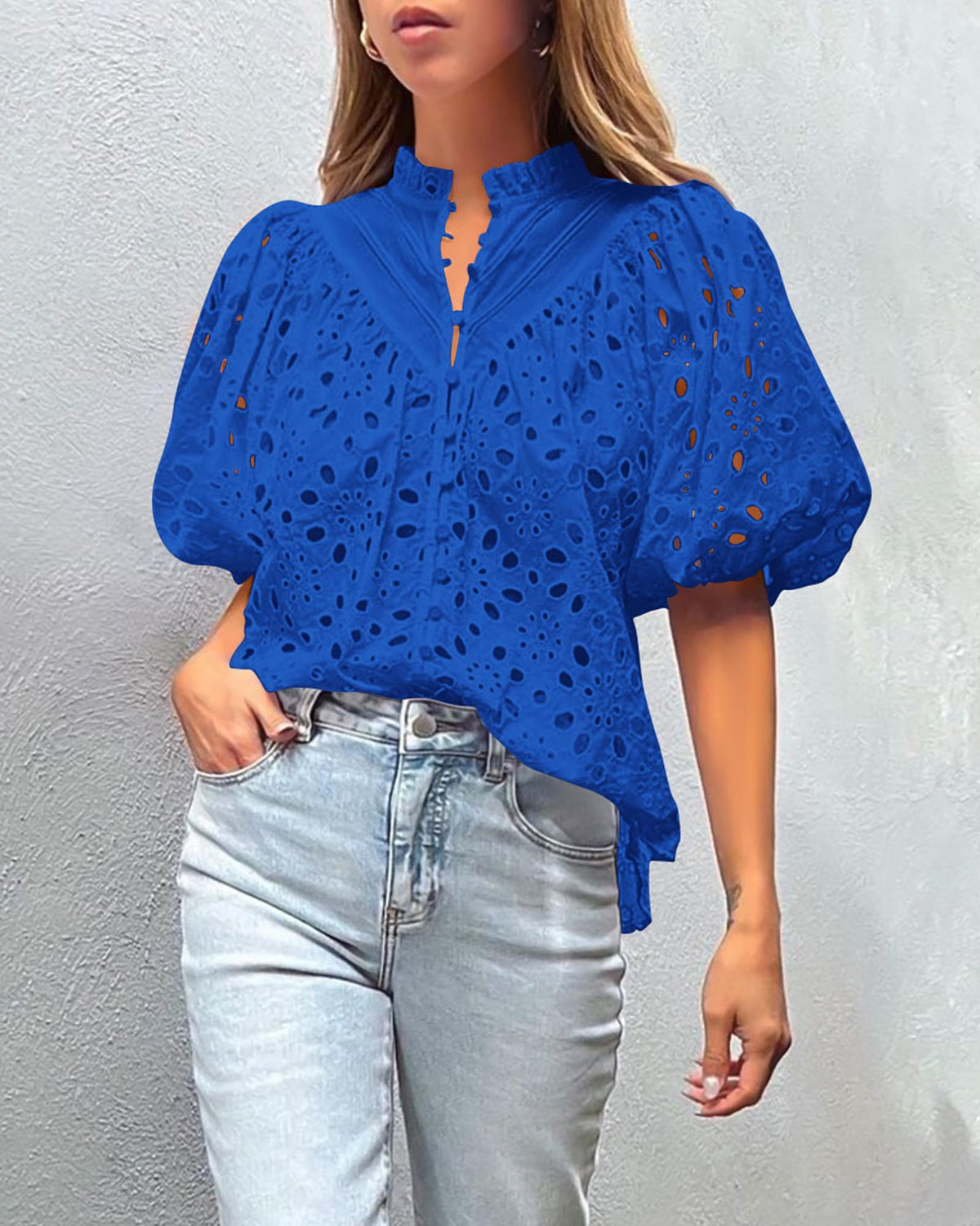 Casual Short Lantern Sleeve V Neck Buttons Hollow Out Lace Embroidered Blouses