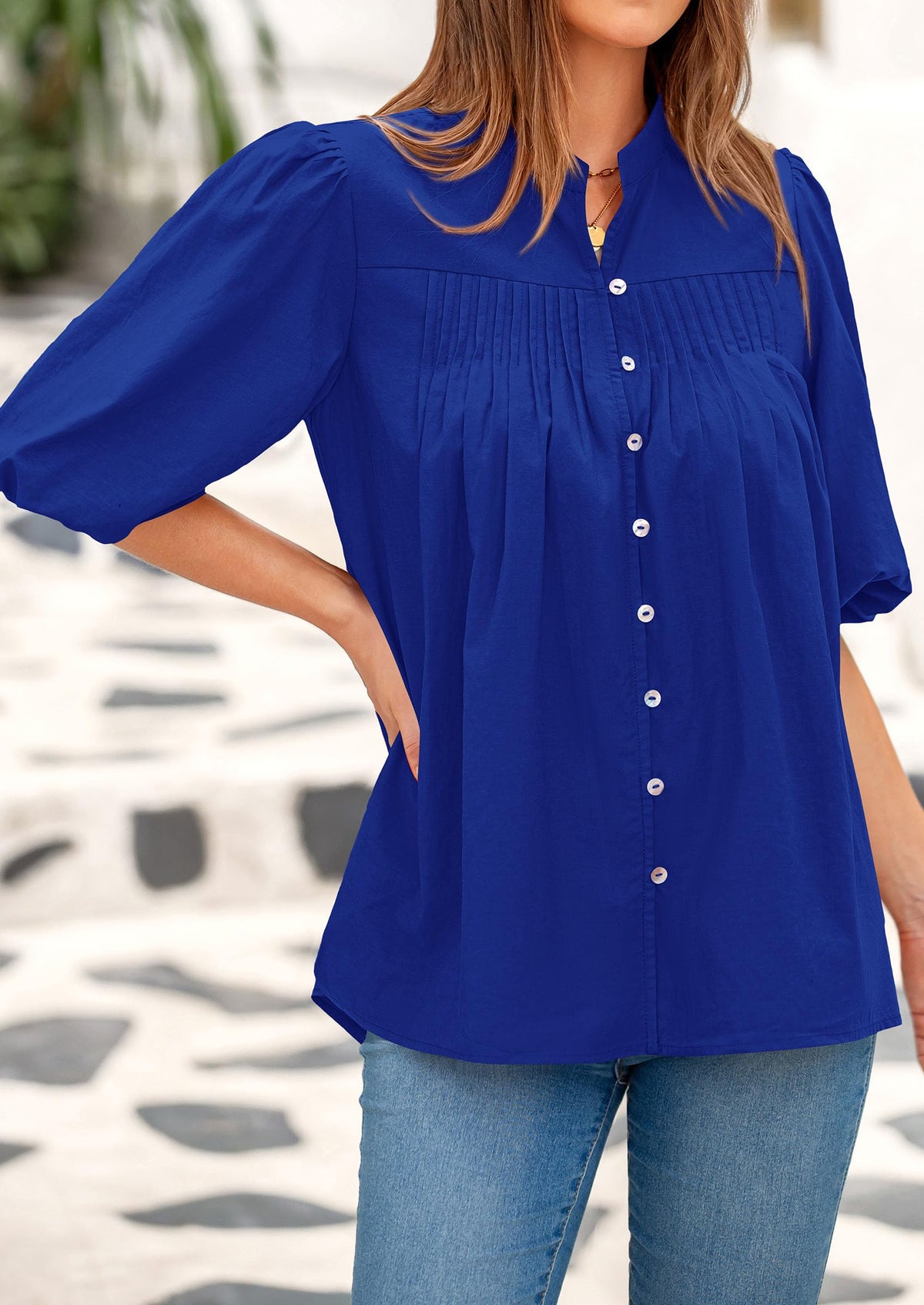 Women's 2025 Summer Short Lantern Sleeve Tops Loose Fit Button Down Shirt Casual Pleated V Neck Blouses