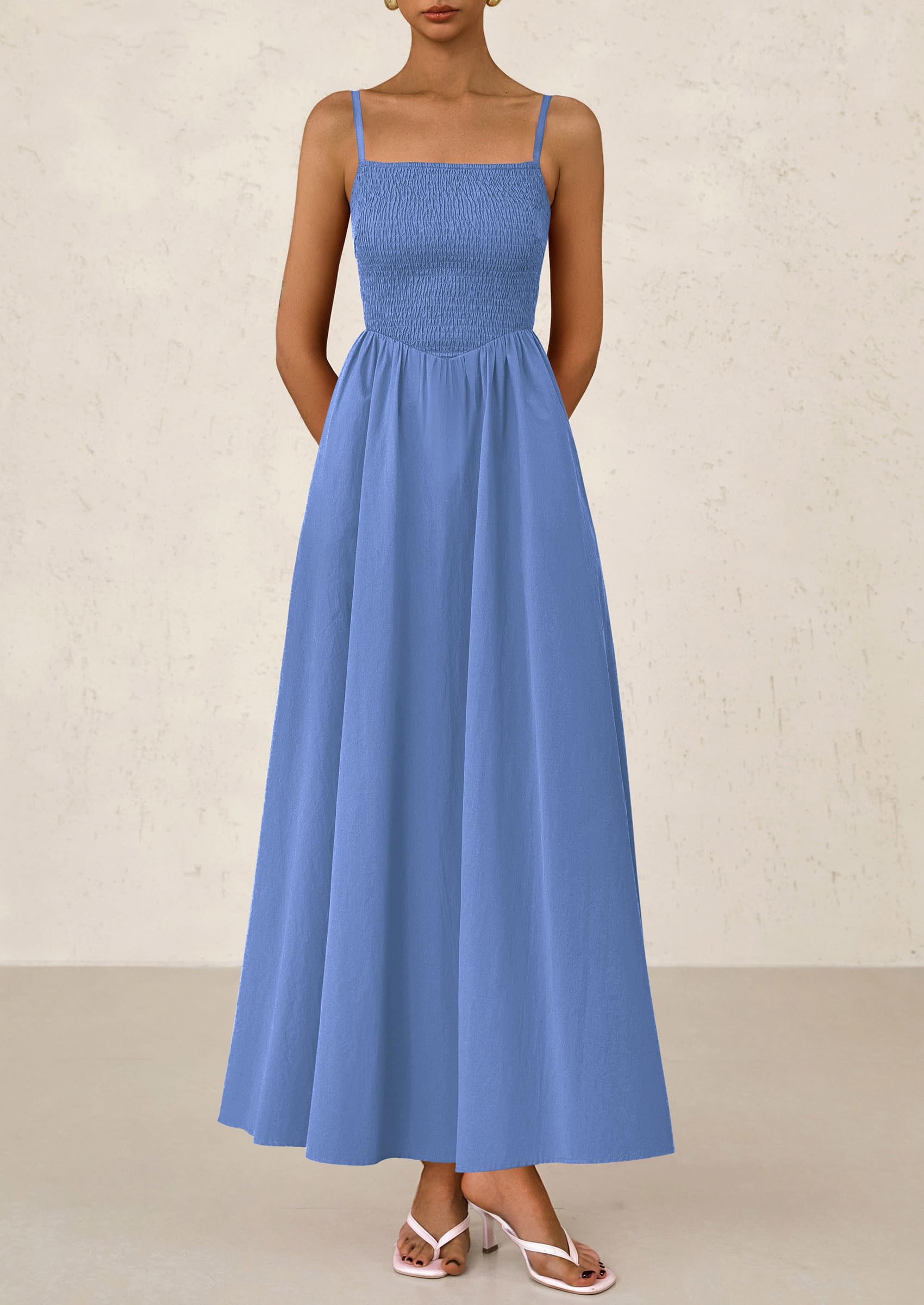 PRETTYGARDEN Women's Smocked Maxi Dresses Beach Sundress Casual Spaghetti Strap Swing A Line Long Flowy Dress