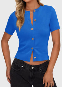 PRETTYGARDEN Womens Casual Summer Short Sleeve Cardigans Button Down Knitted Sweater Basic Crew Neck Crop Tops