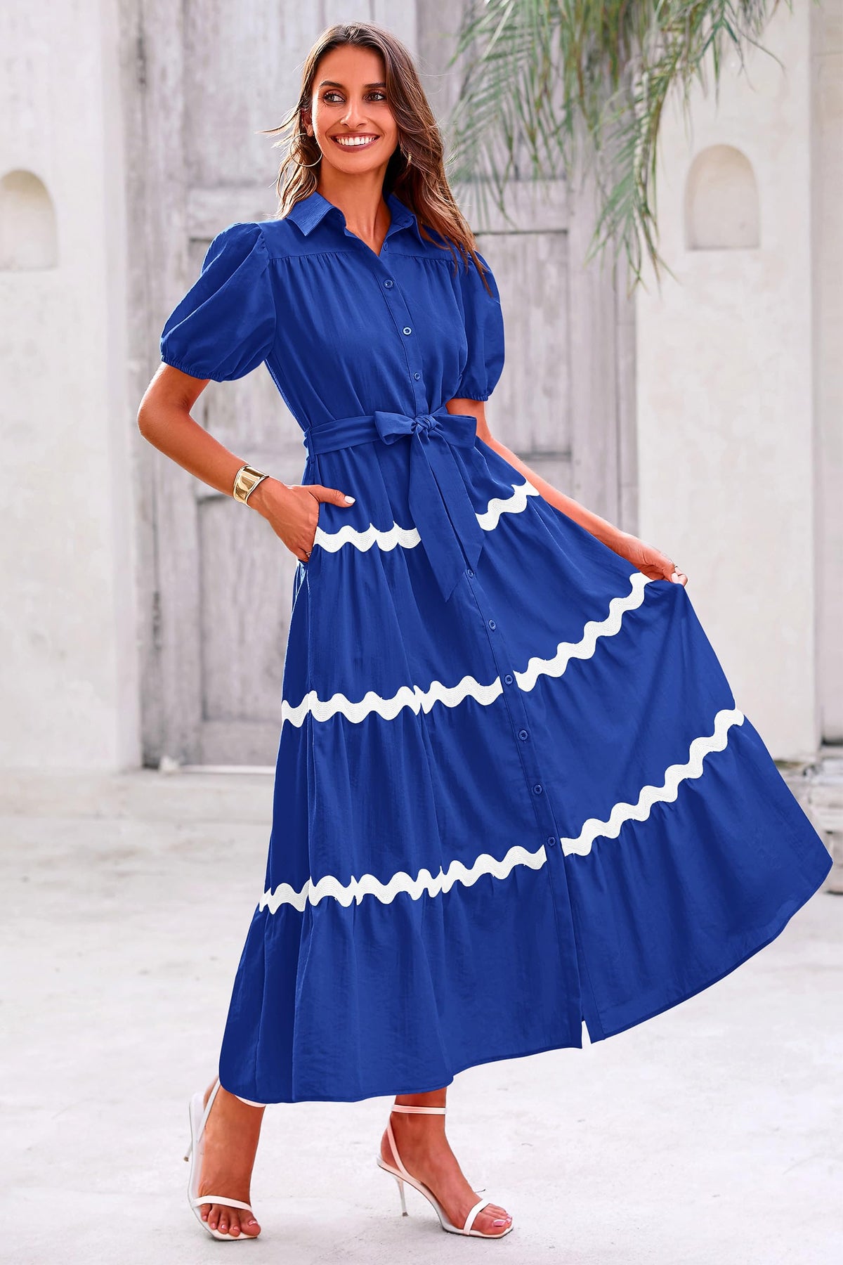 Summer Maxi Button Down Puff Short Sleeve Ruffle Long Flowy Shirt Dresses With Belt