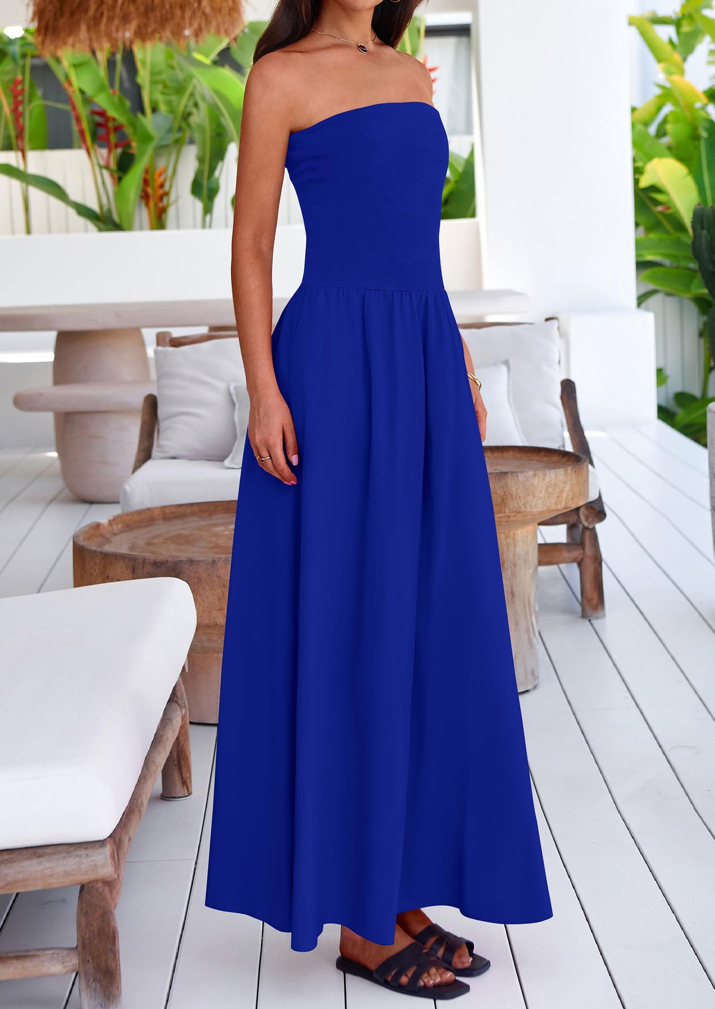 Women's 2025 Summer Strapless Maxi Dresses Patchwork Long Flowy Elegant Going Out Tube Top Dress with Pockets