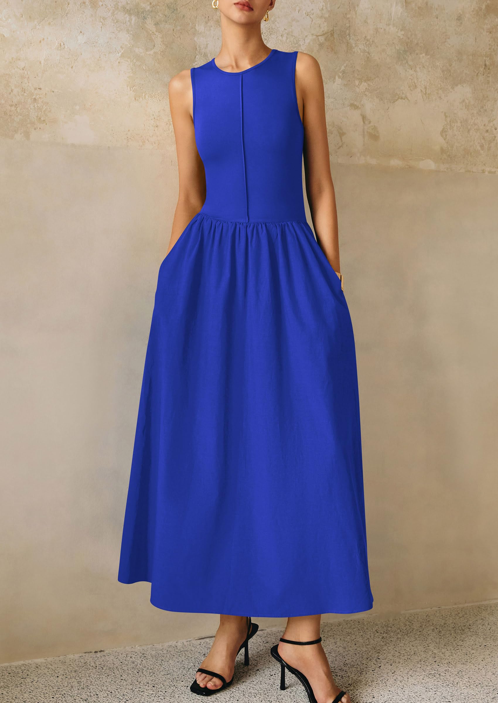 PRETTYGARDEN Women Maxi Dresses Casual Sleeveless Patchwork Knit Tank Dress Flowy Beach Sundress Long Dress