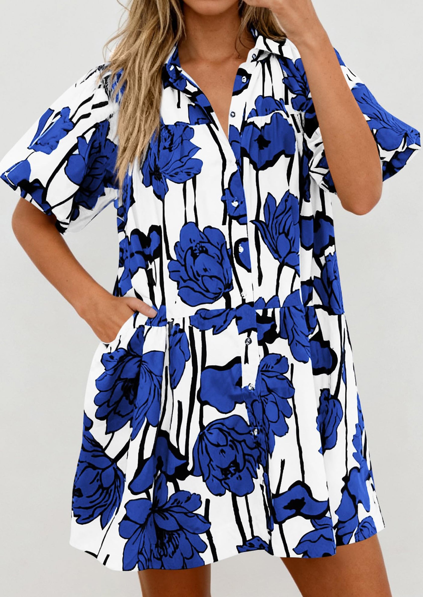 PRETTYGARDEN Womens Summer Dresses 2026 Casual Puff Sleeve Button Down Mini Shirt Dress Boho Floral Babydoll Sun Dress PRETTYGARDEN