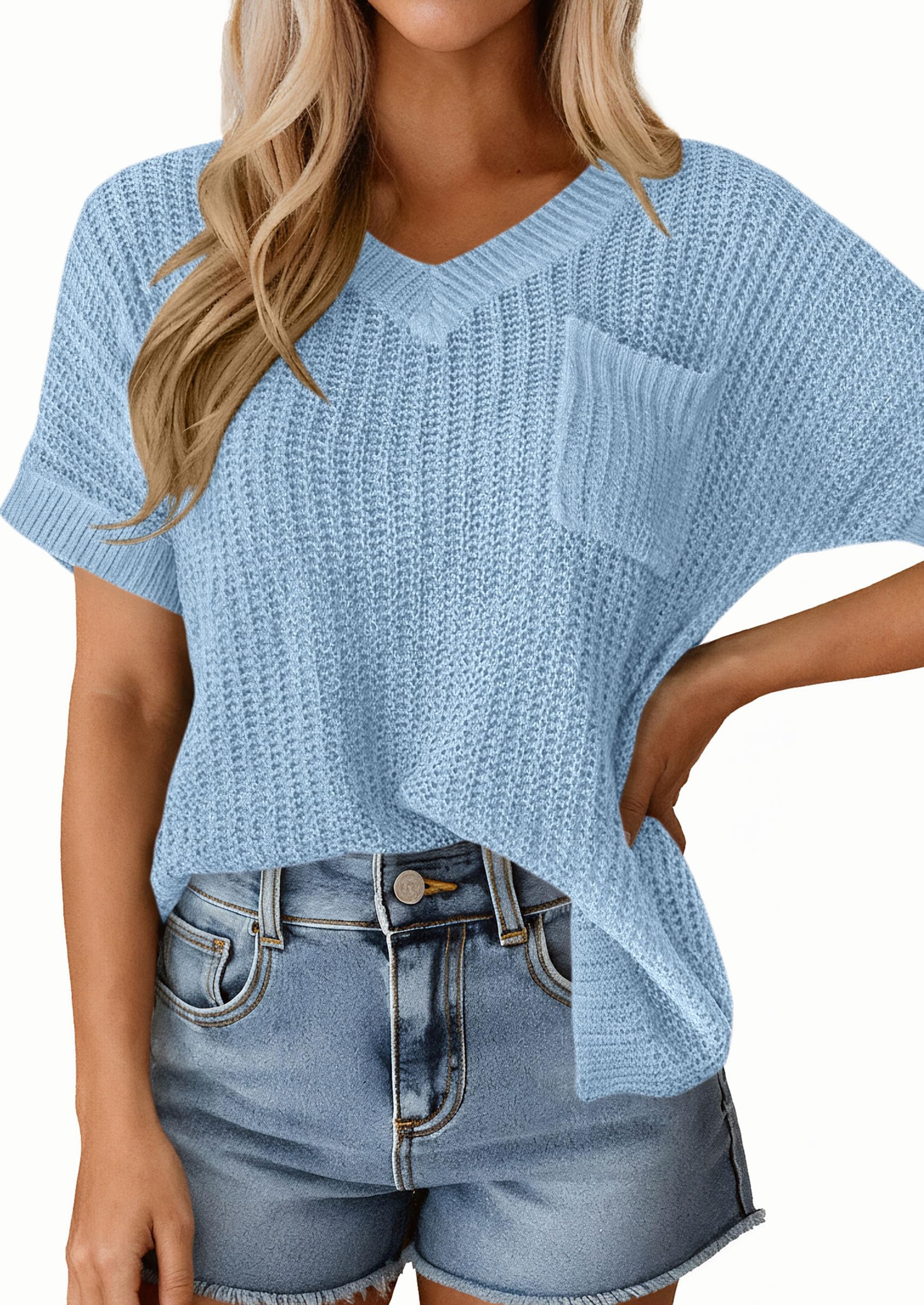 PRETTYGARDEN Women's Spring Short Sleeve Sweaters Lightweight V Neck Casual Going Out Summer T PRETTYGARDEN