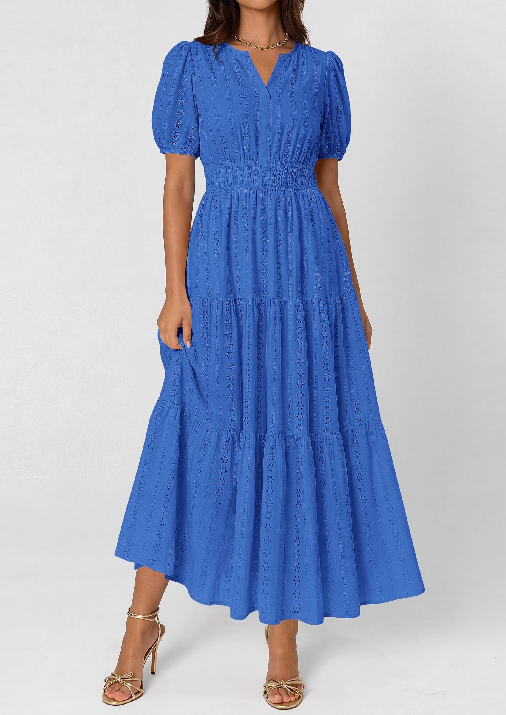 PRETTYGARDEN Womens Summer Maxi Dresses Casual Puff Sleeve V Neck Smocked Flowy Eyelet Cotton Dress Spring Sundress PRETTYGARDEN