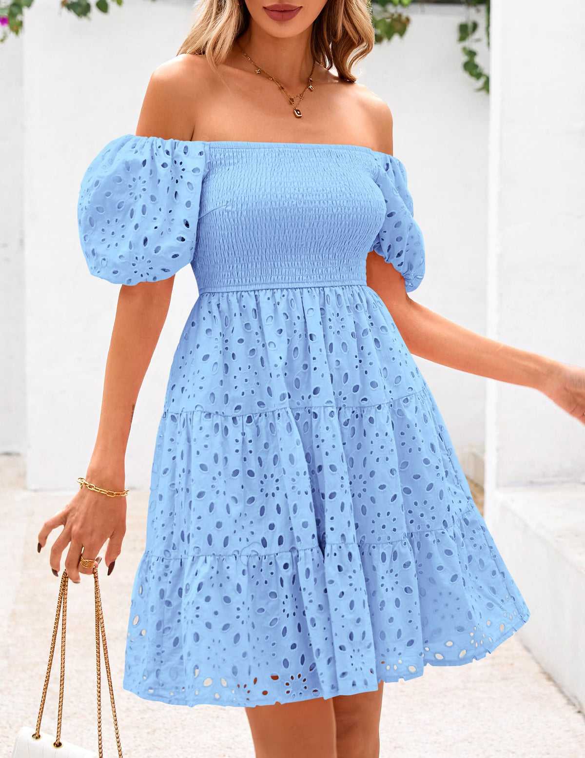 Womens Summer Puff Sleeve Mini Dress Off Shoulder Eyelet Smocked A Line Casual Babydoll Short Dresses