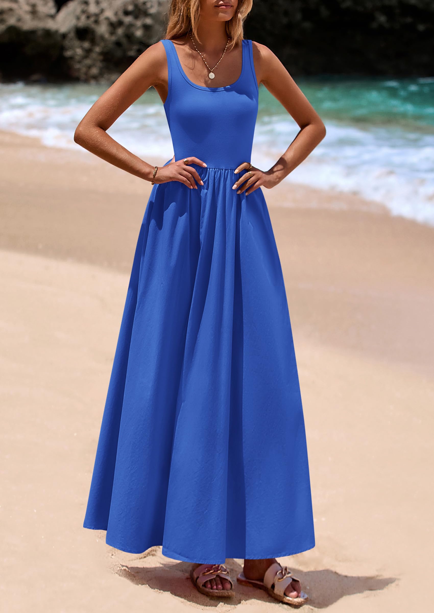 PRETTYGARDEN Womens Summer Casual Scoop Neck Sleeveless Long Dresses Tank Top Patchwork Aline Swing Maxi Dress with Pockets