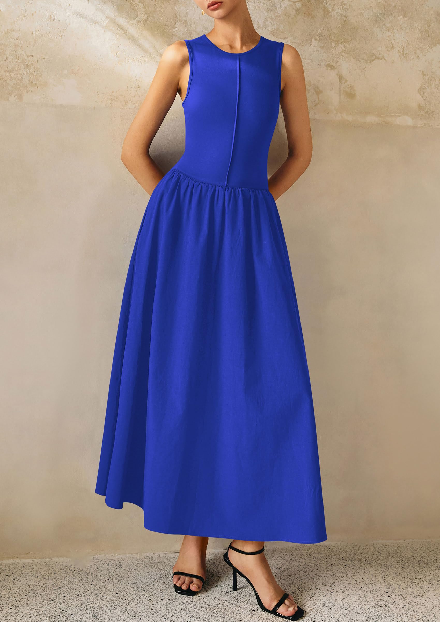 PRETTYGARDEN Women Maxi Dresses Casual Sleeveless Patchwork Knit Tank Dress Flowy Beach Sundress Long Dress