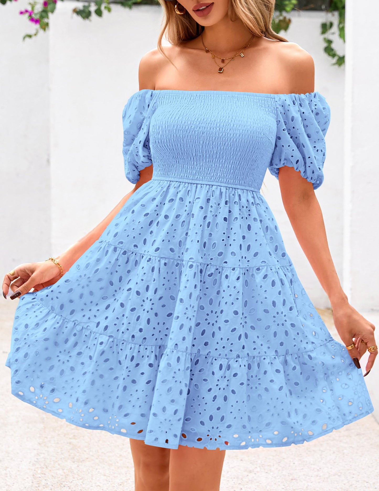 Womens Summer Puff Sleeve Mini Dress Off Shoulder Eyelet Smocked A Line Casual Babydoll Short Dresses