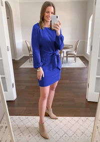 PRETTYGARDEN Womens Fall Elegant Long Lantern Sleeve Short Dress Wedding Guest Crewneck Tie Waist Knit Cocktail Dresses PRETTYGARDEN