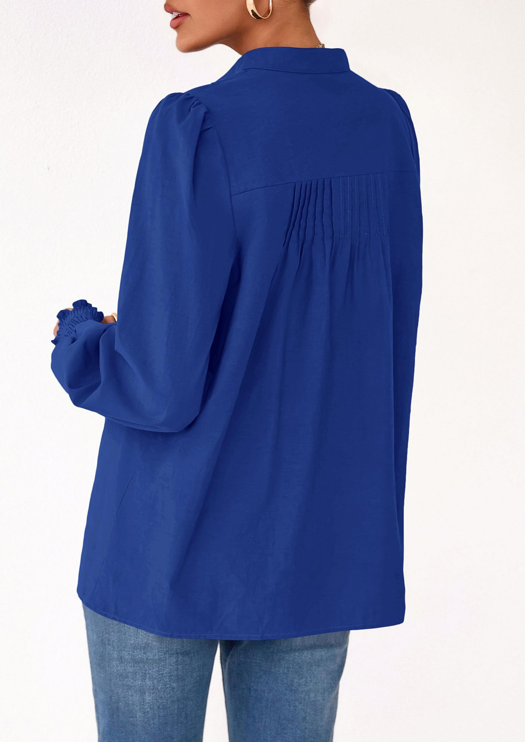 PRETTYGARDEN Womens Fall Lantern Long Sleeve Shirts Trendy Button V Neck Pleated Henley Tops Loose Work Blouses